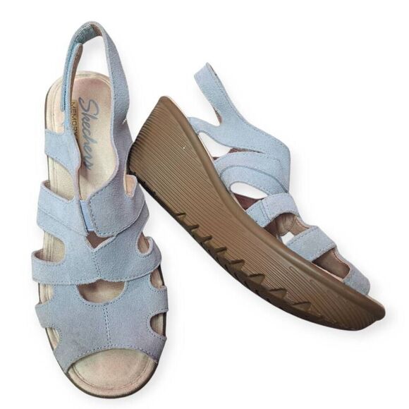 Skechers Women's Suede Peep-Toe Slingback Wedges Parallel Stylin size 6 Light Bl - Picture 1 of 7